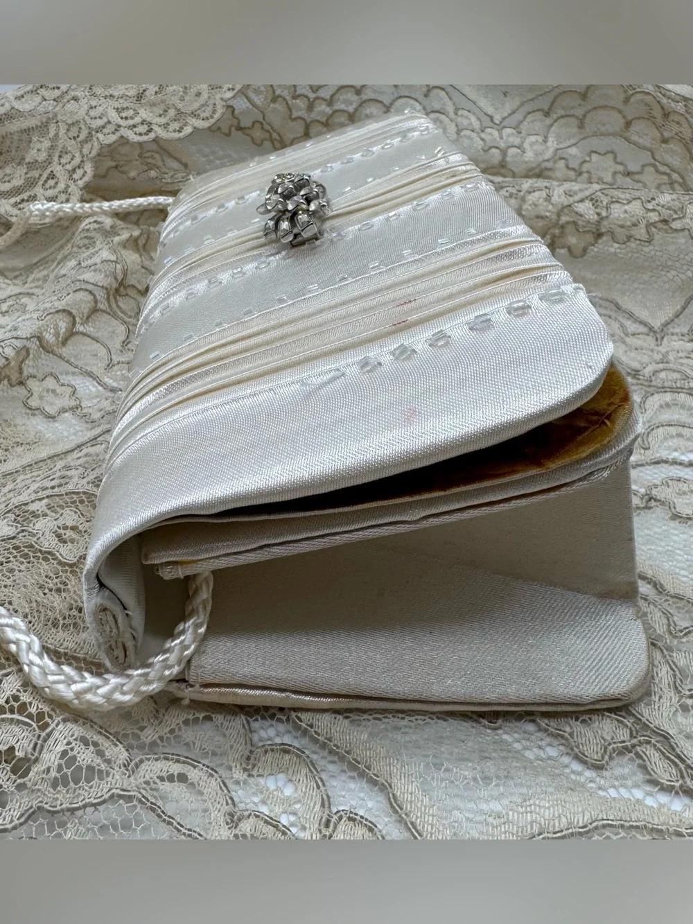 Vintage Gunne Sax Ivory Satin Beaded Mini Clutch Bridal Romantic Evening Bag